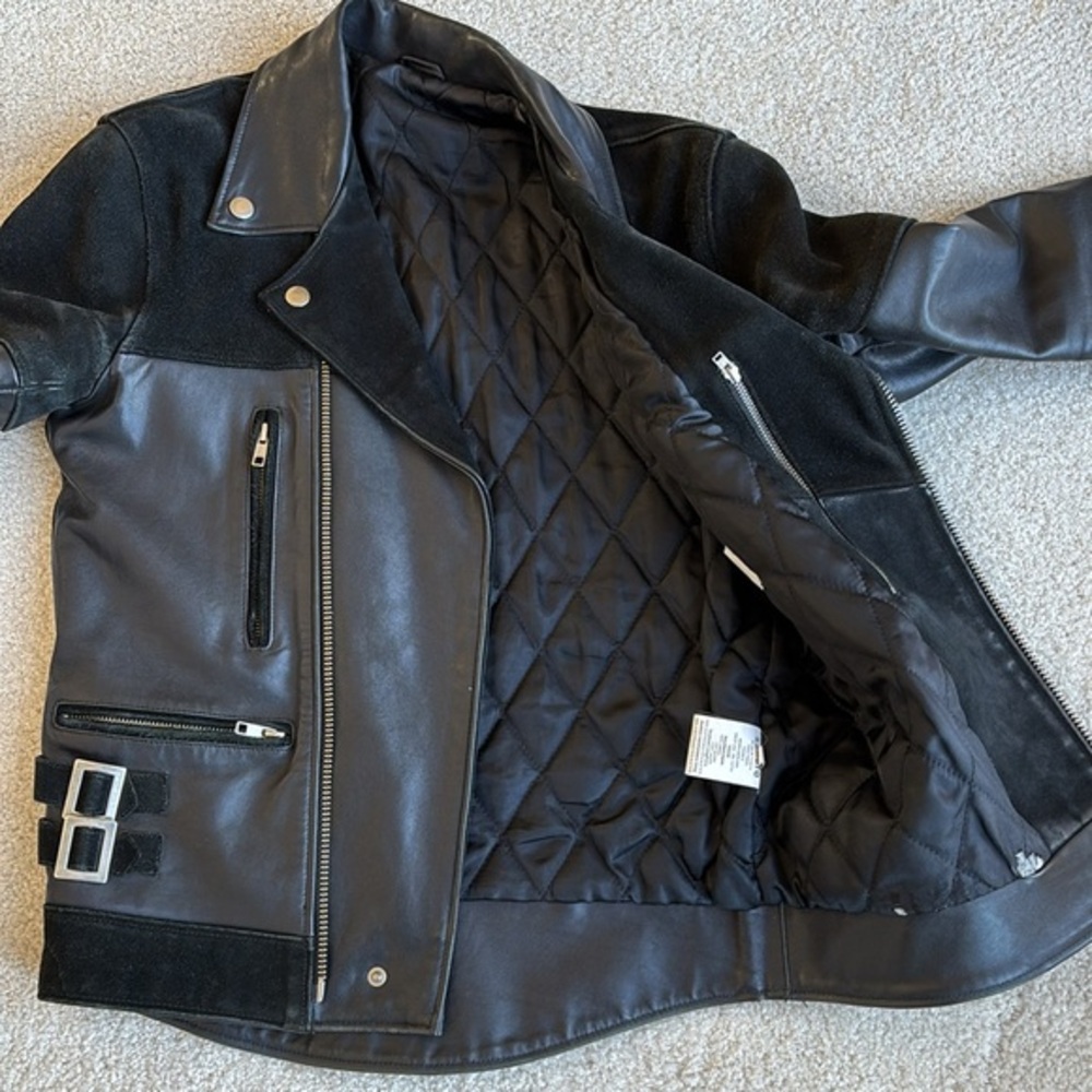 Sandro Paris Black Leather Suede Quilted Lined‎ Zip Biker Jacket Women’s Size XS - Picture 5 of 14